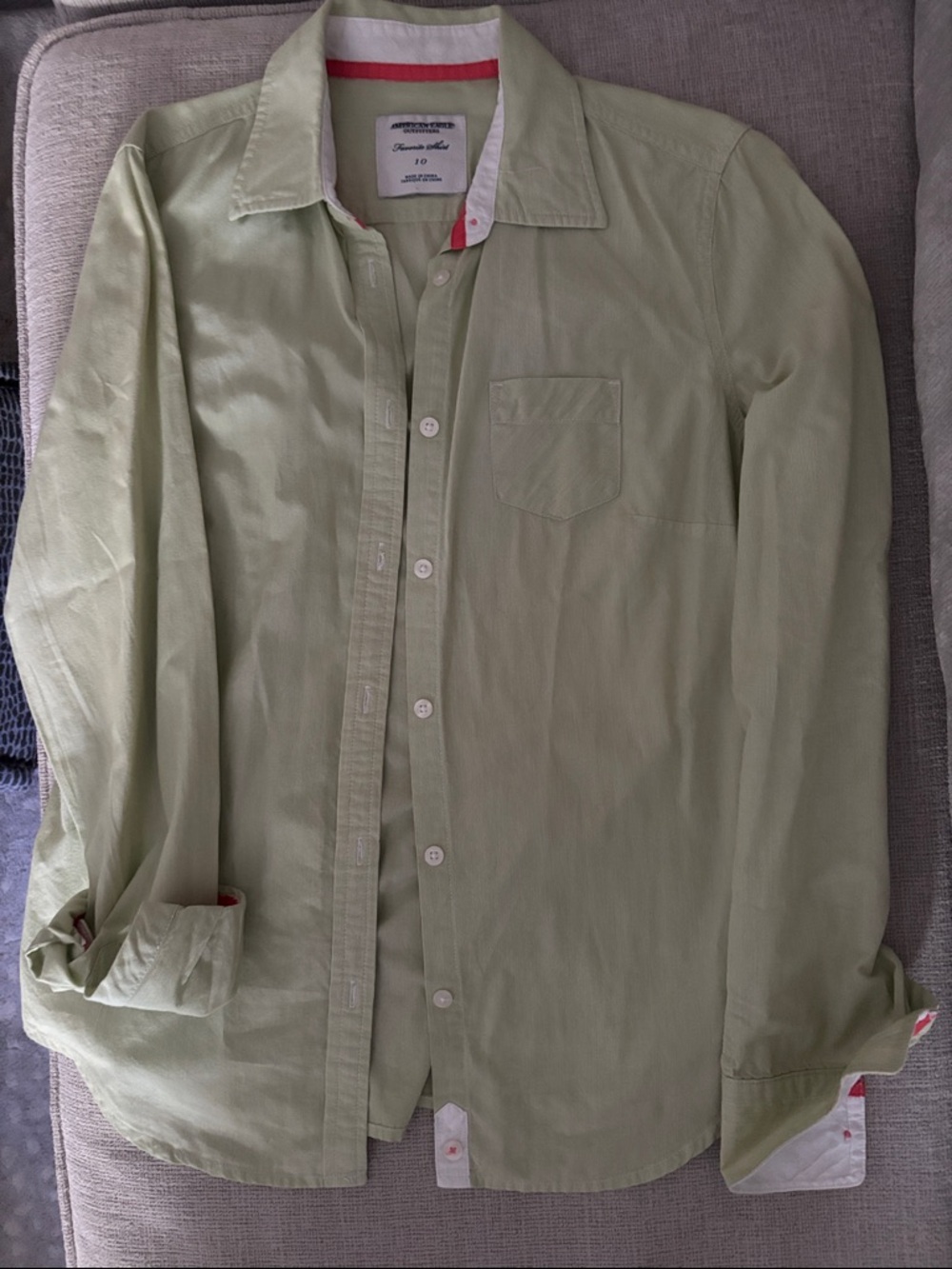 American Eagle Outfitters Light Green Shirt with Coral Trim